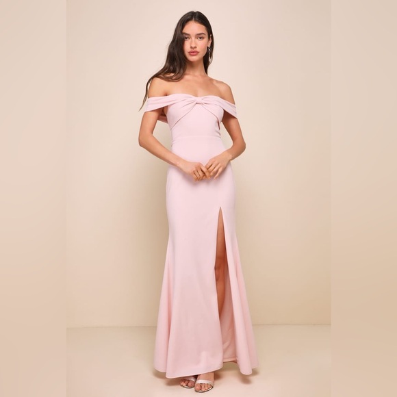 Lulus Dresses & Skirts - Lulus-Elegant Perception Light Pink Off-the-Shoulder Bow Maxi Dress